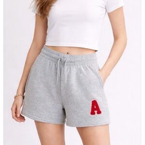 FADED ROSE • Grey/Red Letter "A" Casual High-Waisted Drawstring Shorts, S